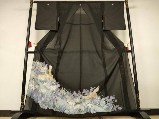 平和屋着物＊夏物　黒留袖　絽　花鳥文　銀彩　洗える着物　AABJ9165jd
