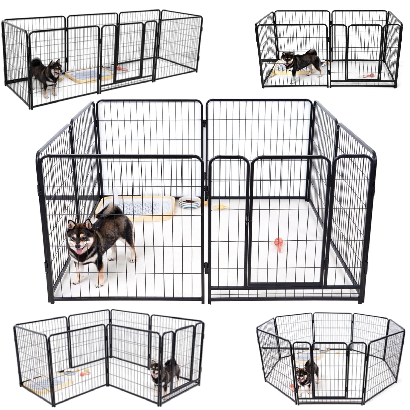 KIRATAKU ペットサークル 中大型犬用 スチール製 犬 ケージ 犬用フェンス コンパクト 組立簡単 複数連結可能 室内室外兼用 組み替えOK (ブラック, 高さ80cm, 8枚)