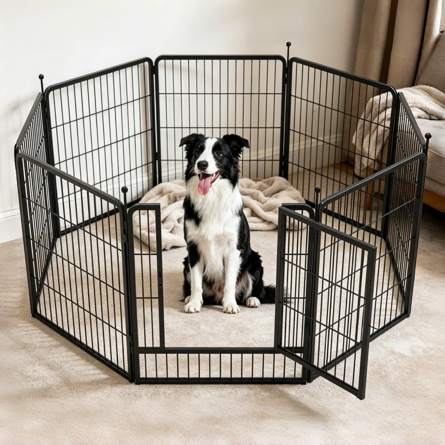 ペットサークル 犬用サークル 【8枚パネル-高さ80CM】中小型犬対応 日本語取扱説明書付き 自由形状変更 スチール製 安全ロック付き 脱走防止 折りたたみ式 工具不要 組立簡単 安定性 屋内屋外兼用 携帯便利 ペットフェンス 犬ゲージ フローリング対応 滑り
