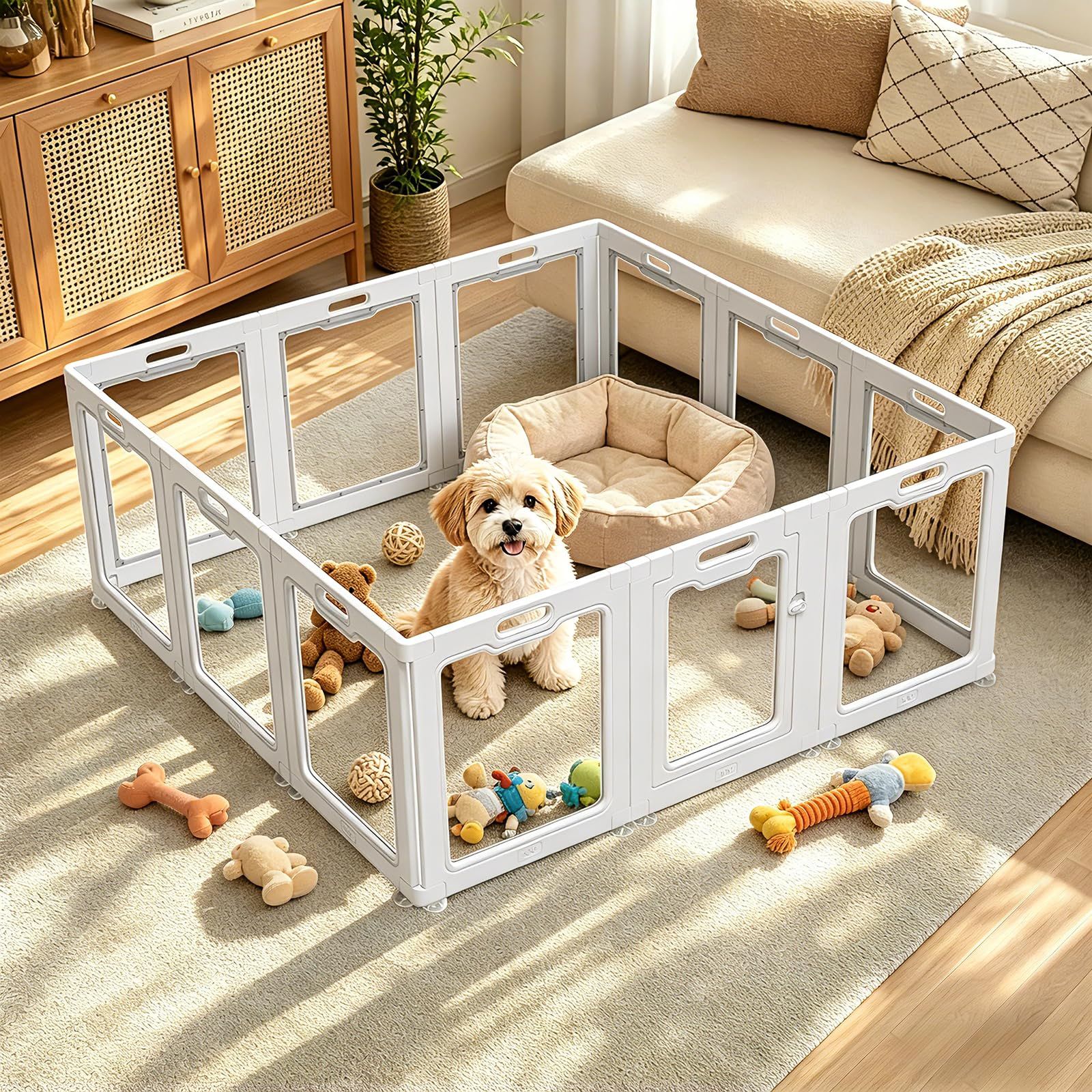 ペットサークル 透明パネル付き 幅150×奥行150×高さ60cm 小型犬・中型犬用 頑丈で安定 吸盤固定 脱走防止 折りたたみ可能 お手入れ簡単 リビング・バルコニー対応 日本語説明書付き (12枚)