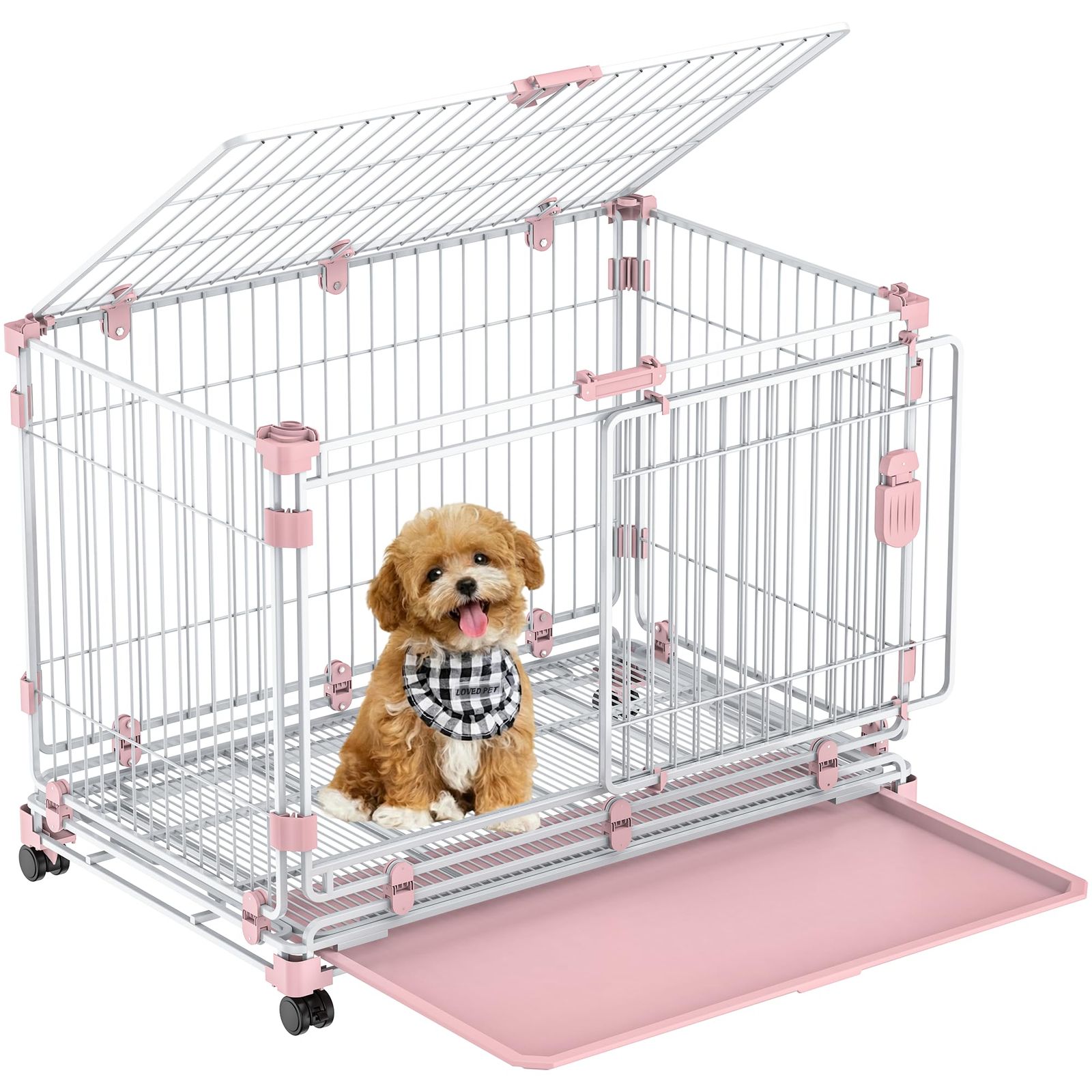 Kachiru 30 犬 ケージ ペットサークル ロック付きキャスター 取り外し可能なラケット 脱走防止犬用クレート 犬 サークル 折りたたみ式 小型犬 中型犬 ゲージ 犬 ペットケージ 長さ76.5cm幅48cm高さ61cm 屋内 屋外 ピンク