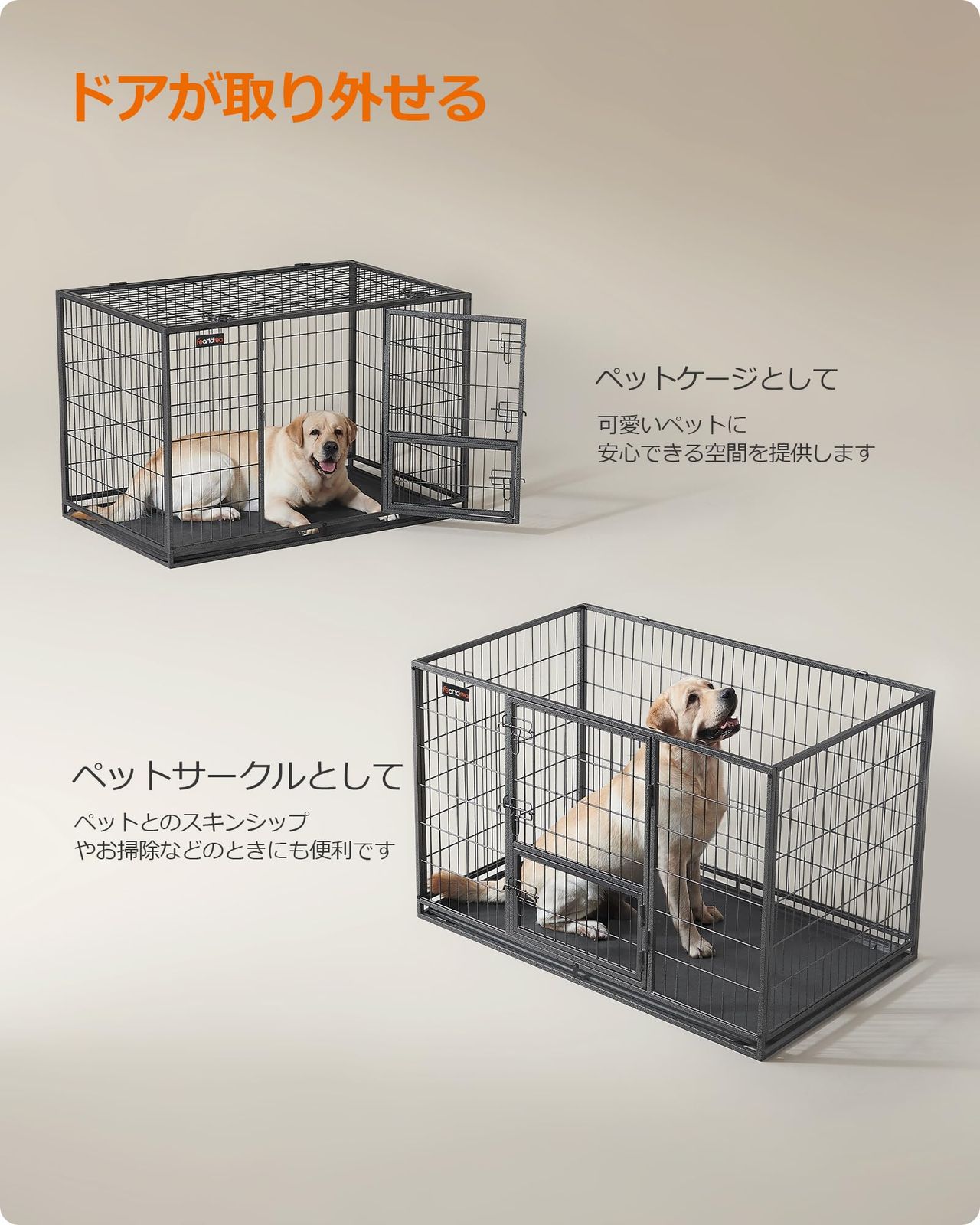 FEANDREA ペットケージ 犬ケージ 中型犬 大型犬 ダブルドア付き トレー