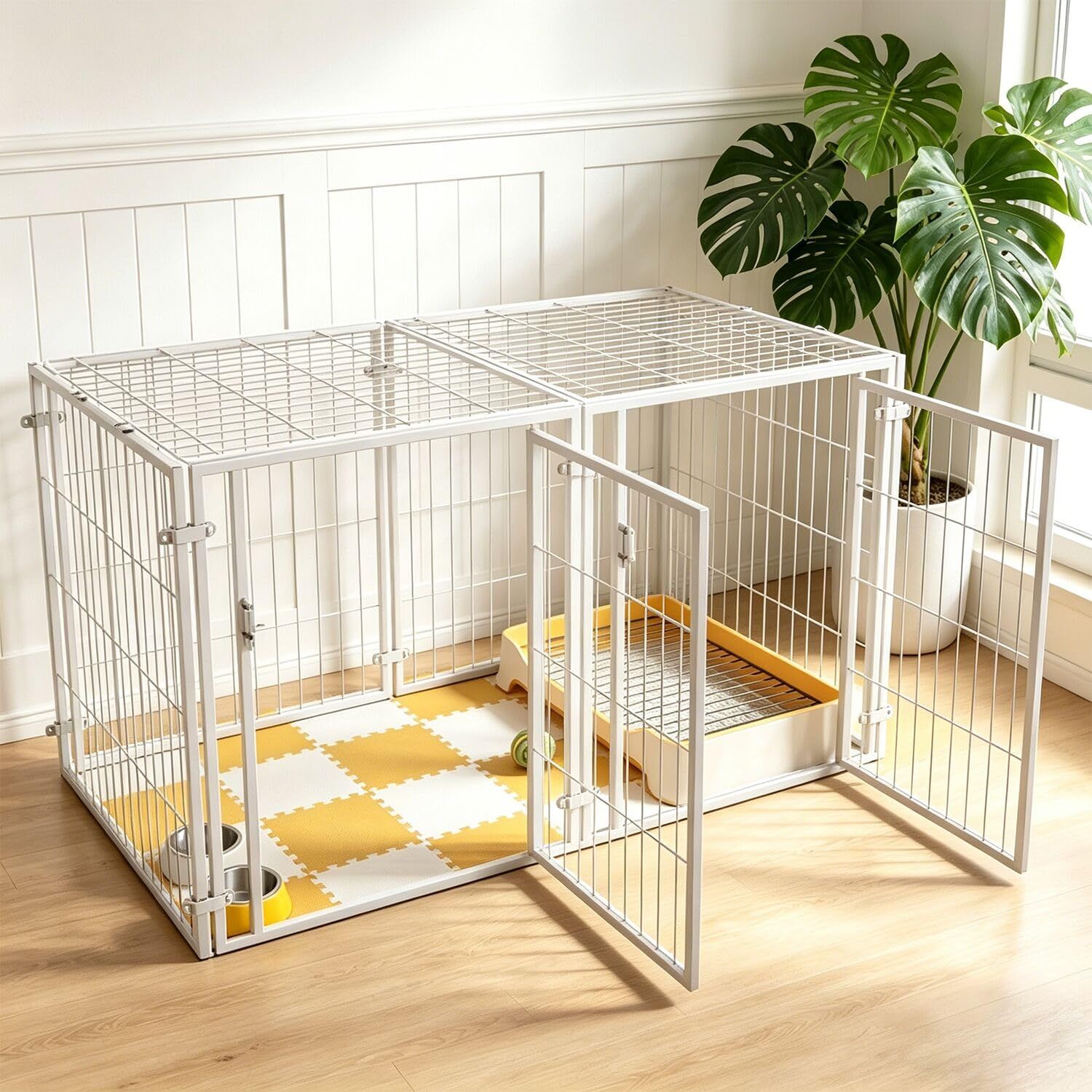 ペットサークル 犬 ゲージ ペットフェンス 犬 小型犬 中型犬 折りたたみ可能 サークルケージドア付き (2つのドア、120x60x60cm)? 組立簡単 レイアウト自由 トイレトレーニング 脱走防止 自立 ケージ 犬用 金属製 ペット用品 DIY 室内外兼用