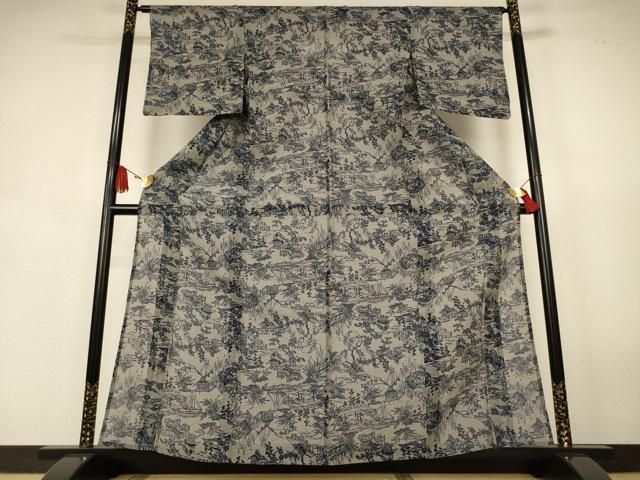平和屋着物＊夏物　小紋　浴衣兼用　綿絹紅梅　本藍　風景文　絹綿　逸品　AABJ9179jd 23,725円