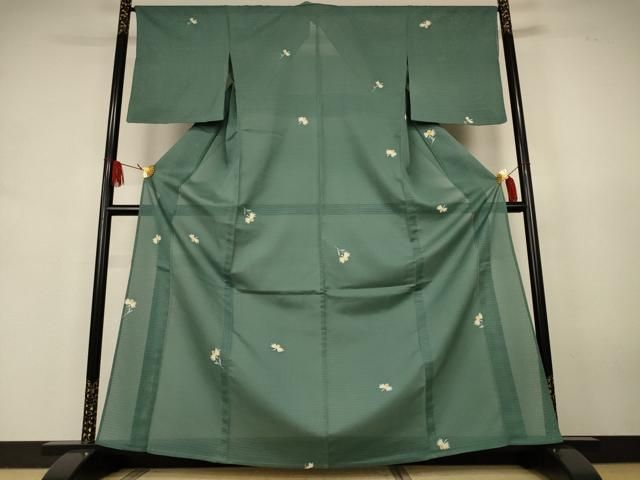 平和屋着物＊夏物　小紋　絽縮緬　友禅　舞花文　老竹色　高島屋扱い　正絹　逸品　AABJ9184jd