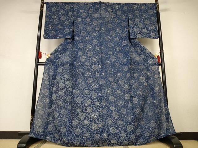 平和屋着物＊夏物　小紋　絽　藍　型染め　花唐草文　正絹　逸品　未使用　AABJ9185jd