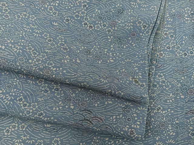 平和屋着物＊夏物　小紋　絽　藍　型染め　草花文　正絹　逸品　BAAX8183mz