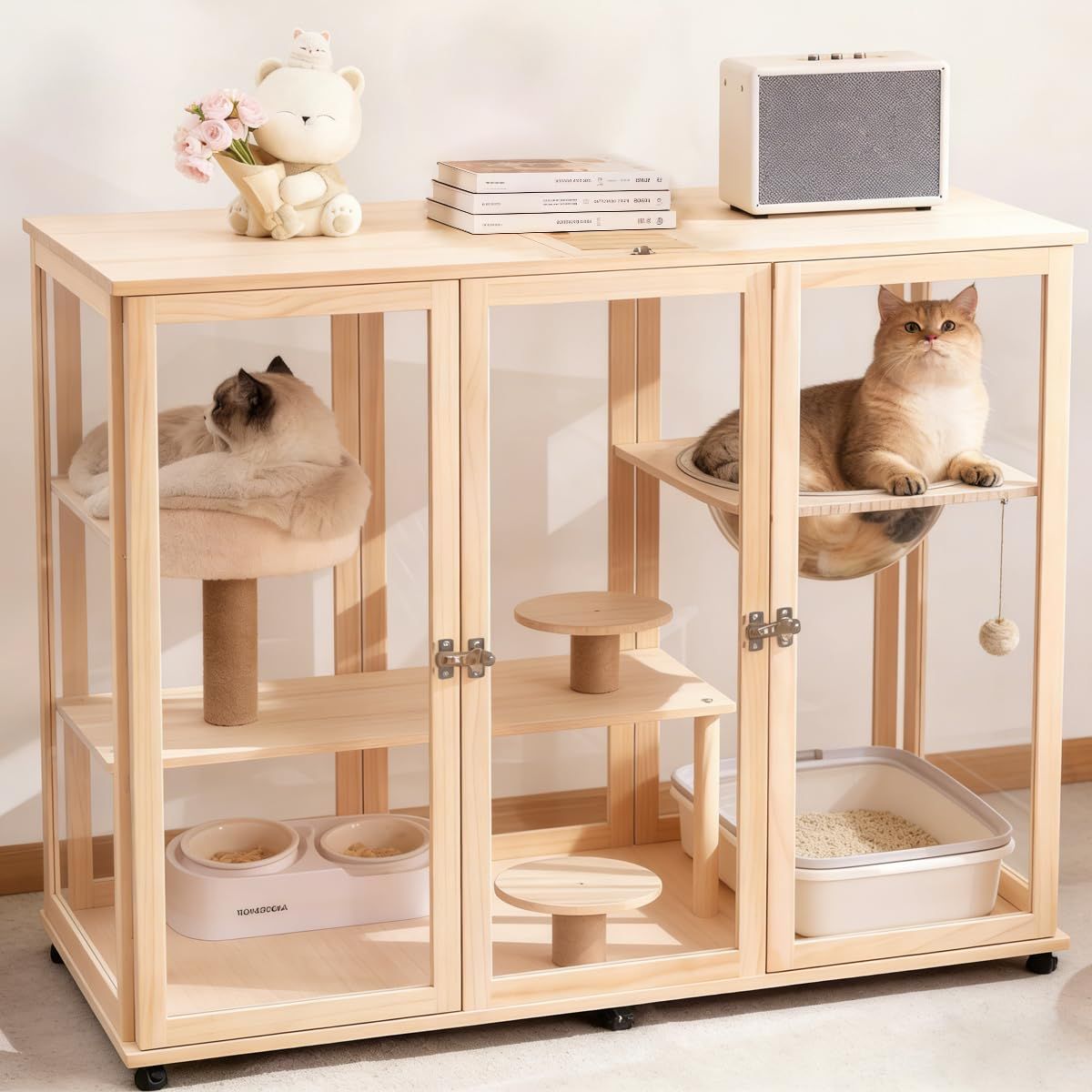 SIRUNLY 猫ケージ 木製 キャットケージ 大型 多頭飼い 透明パネル パノラマ視界 キャスター付き 2段ゾーニング 扉付き 逃走防止 通気設計 室内用 猫用サークル 組立簡単 ペットショップ 動物病院 家庭用 120*60*95.5cm 日本語説明書付き