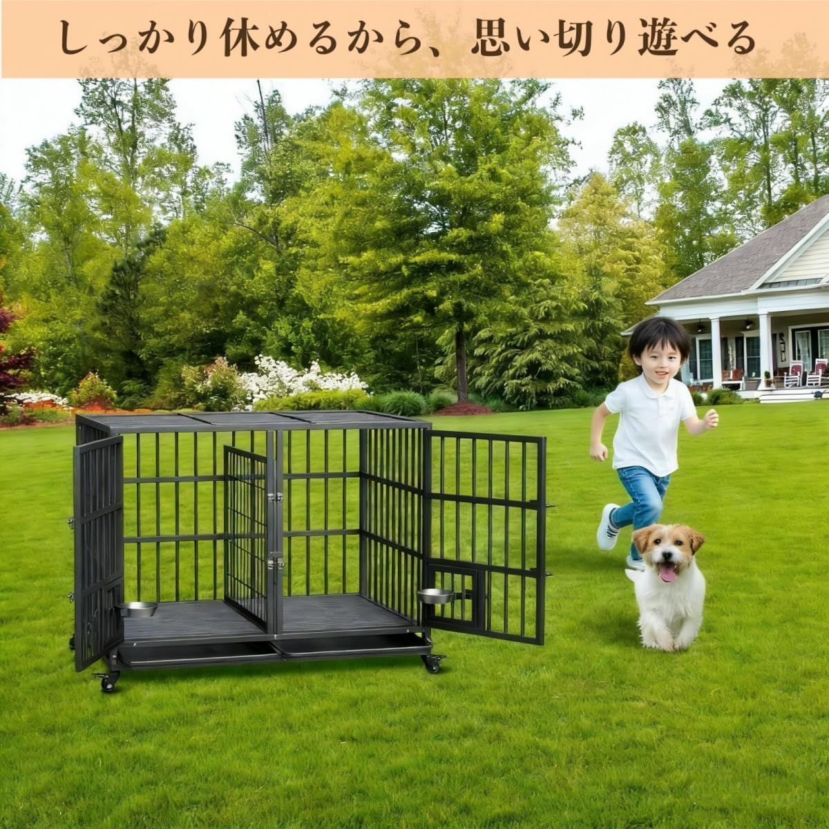 犬用ケージ 1台 107×73×82cm フラットトップ ダブルドア 金属製 仕切り