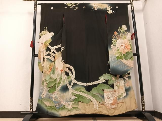 平和屋本店●アンティーク 大正ロマン 振袖 刺繍 鳳凰草花文 暈し染め 黒地 金彩 正絹 逸品 AABK0309ph