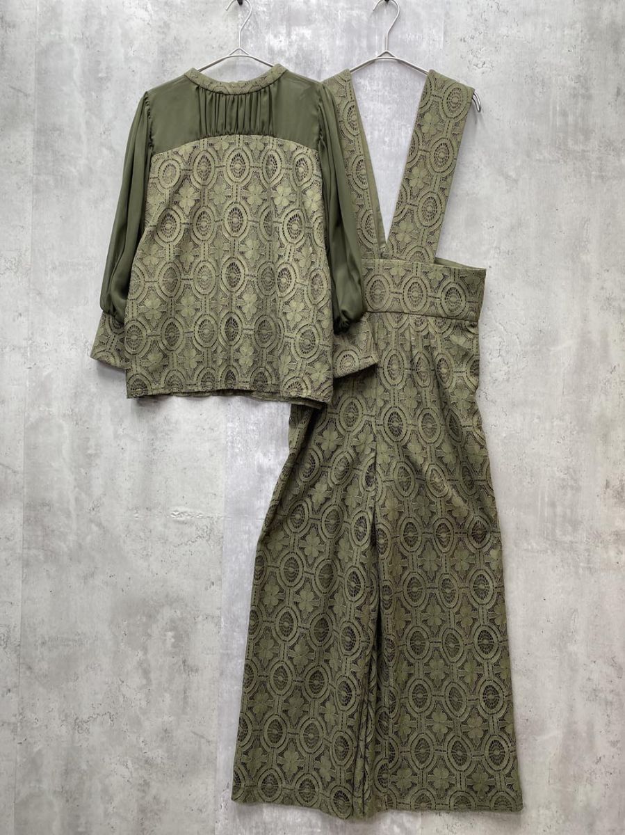 Kana カナ 幾何学柄 レース ブラウス サロペット パンツ オケージョン 結婚式 セットアップ sizeLL/オリーブ ■◆◎レディース