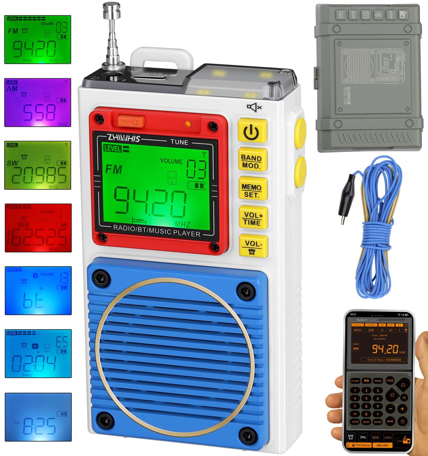 新品 ZHIWHIS ラジオ小型防災 Bluetoothスピーカー MicroSDカード対応 FM/中波/短波/VHF/ワイドFM 懐中電灯 SOSアラーム ラジオ録音/7種類のバックライト色/APPコントロール/タイマー/目覚まし時計/USB-C充電式/技適