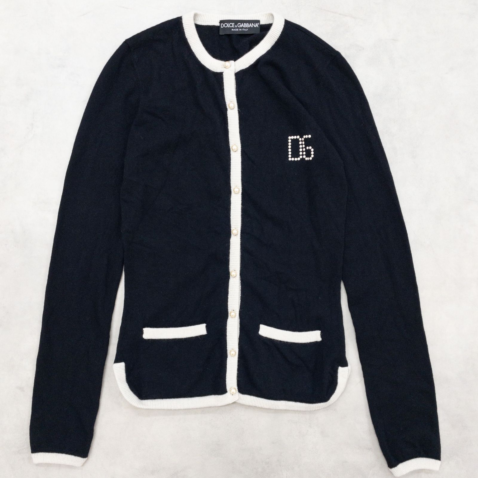 DOLCE＆GABBANA ドルチェアンドガッバーナ ニットカーディガン DGロゴ バイカラー パール アンゴラ レーヨン ブラック イタリア製 レディース b01634