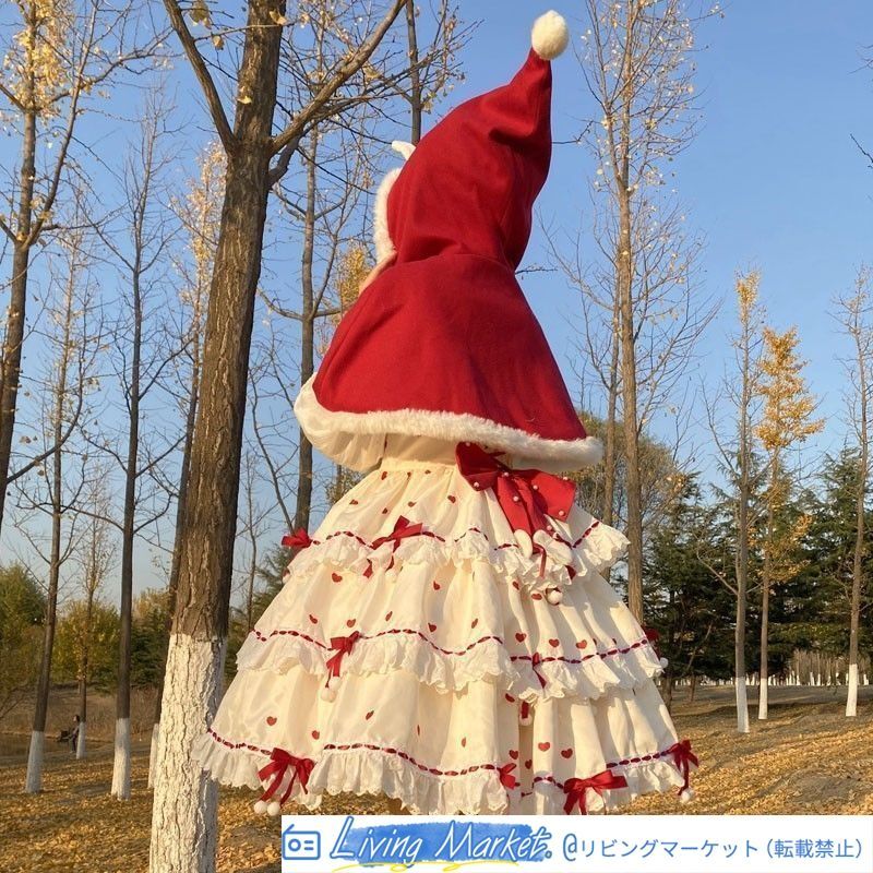 冬日恋曲 オリジナルLolita洋装 クリスマス＆新年スイートドレス ハートデザイン フリルたっぷり リボン付き レッドケープ付き 大人可愛い ロリータ仮装 撮影会 ハロウィン イベント用 プレゼントにも最適 CS626P267