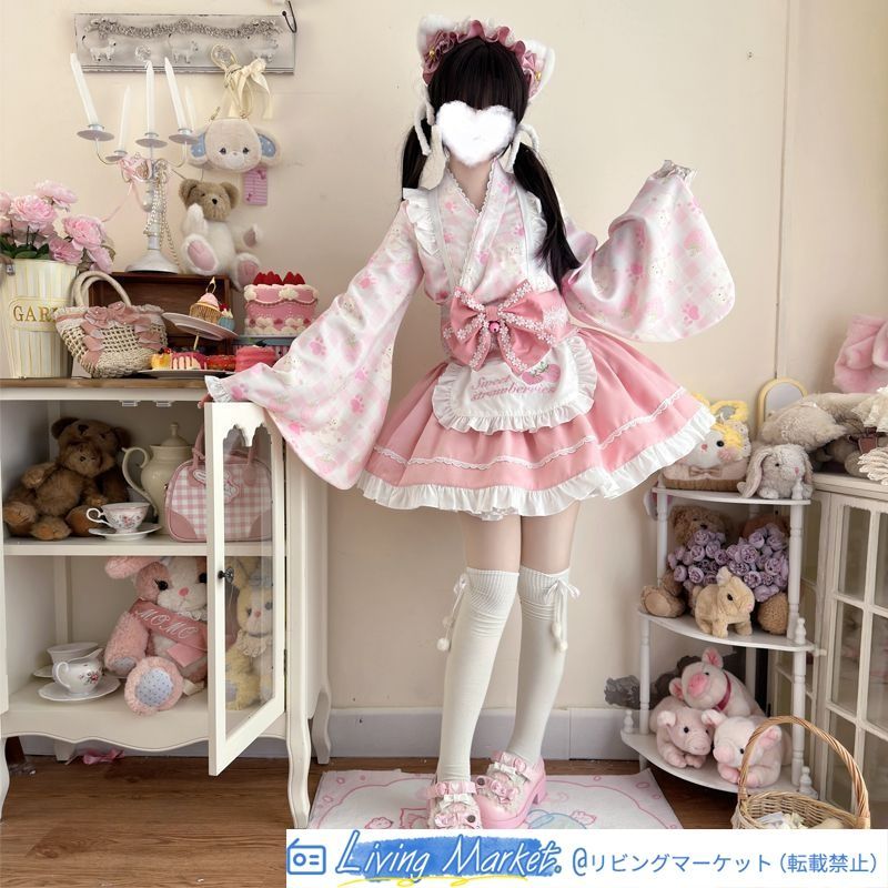 夏季 猫モチーフ 和風メイド改良版 ロリータ洋装 上衣＋スカート＋エプロン＋ウエストベルト 蝶結び付き 撮影用 コスプレ可愛い ロリータファッション イベント衣装 萌え系 CS626P180
