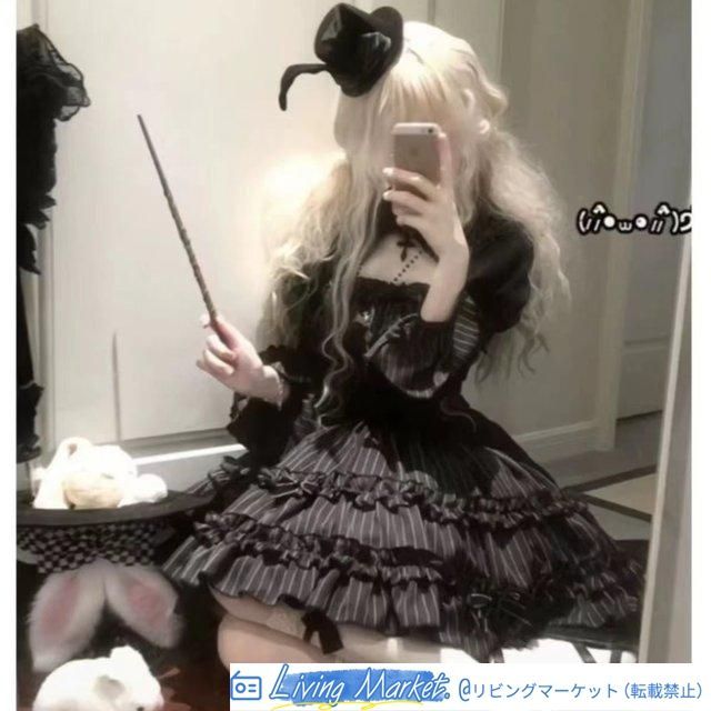 秋季暗黒系 ゴスロリ ロリータ 2点セット（ベルスリーブカットアウトデザイントップス+ストライプスカート） 撮影会 推し活 イベント用 プレゼントにも最適 CS626P392