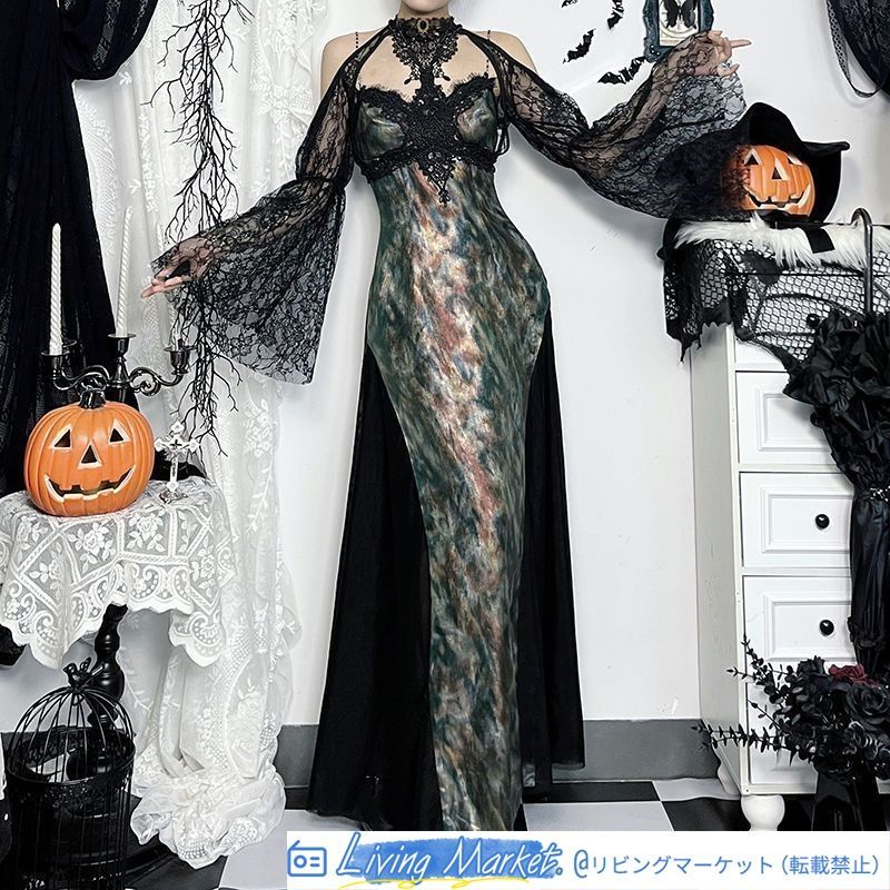 ゴシック暗黒系 ショルダーカバー付き マキシドレス スリムデザイン ハロウィンコスプレ衣装 シースルーレース付き 豪華2点セット ゴシックデザイン ロリータ 刺繍 CS626P284