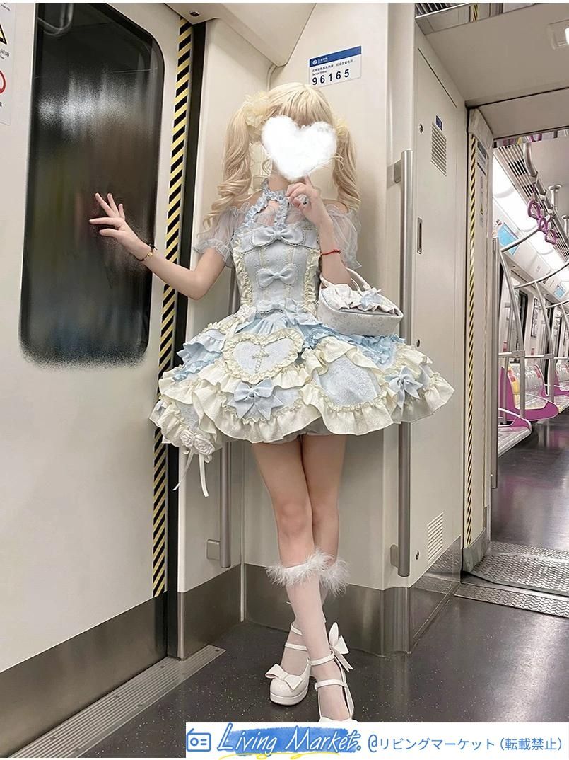 【芙蝶之心】Lolitaブルー/ピンクホルタードレス ゴシックスタイル Jsk プリンセス 成人式 ロリータドレス フリル&バタフライ付き 成人式、パーティー、撮影会 CS626P166