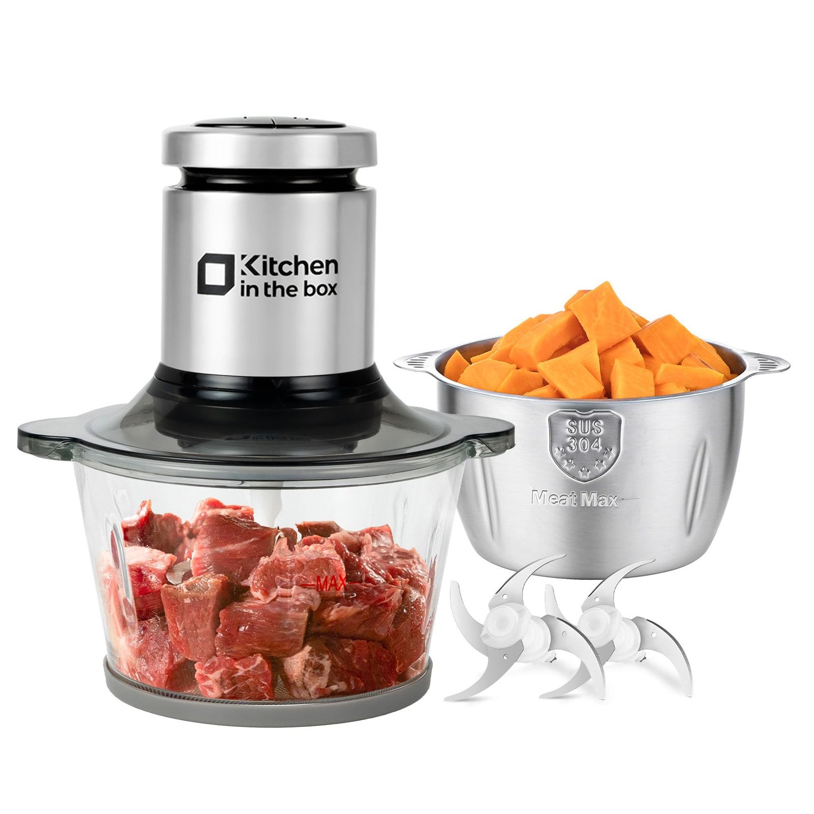 Kitchen in the box フードプロセッサー2L大容量 2種類ボウル ガラスボウル ステンレスボウル 2段階スピード 400w ハイパワー 4枚刃 食洗機対応 離乳食 刻む・混ぜる・おろす (シルバー, 2L+2L)送料無料 f605dd4a
