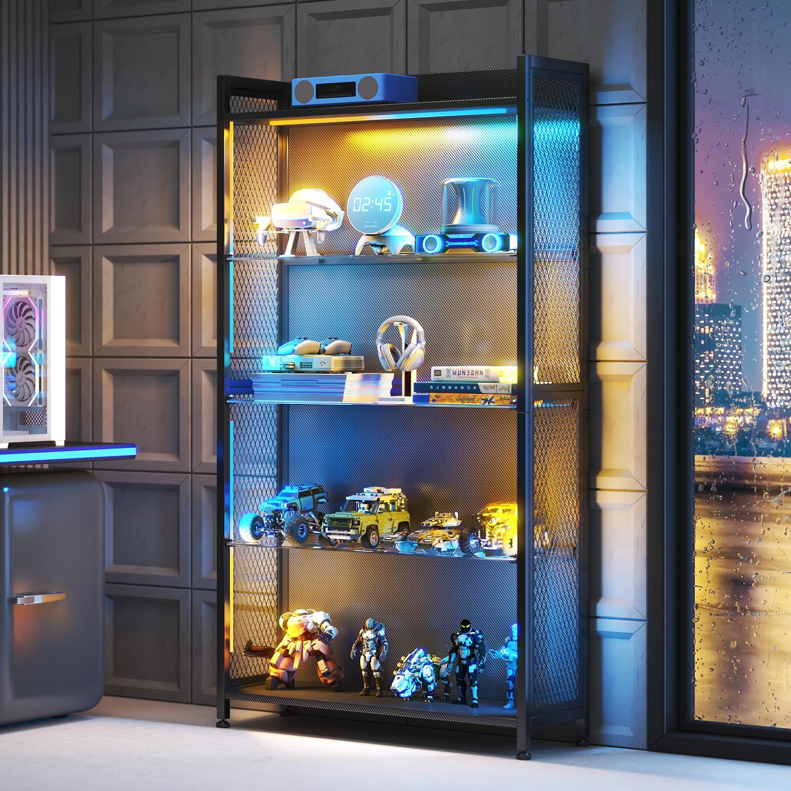 AODK 収納棚 フィギュア棚 コレクション棚 ショーケース 大型 幅70×奥行28×高さ160cm ガラス製 5段 LEDライト付き 7色変化 本棚 ディスプレイケース オープンラック（ブラック）ry 58480643