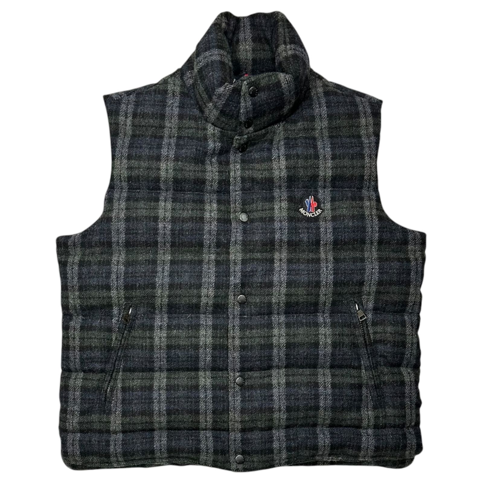 MONCLER(モンクレール) Wool-Bodied Checkered Down Vest ウールボディ チェック ダウンベスト 5 グレー×グリーン×ネイビー