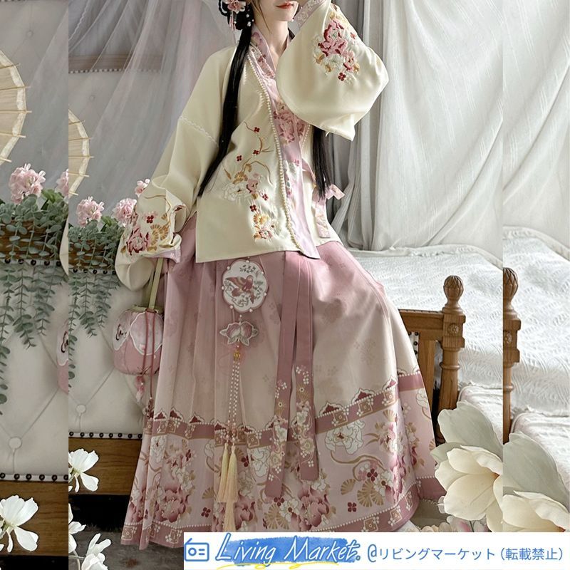 明制対襟交穿刺繍漢服 春夏秋用 馬面裙 吊り帯付き 日常着 優雅中華風スタイル 撮影会?イベント用 プレゼント最適 高品質デザイン CS626P303