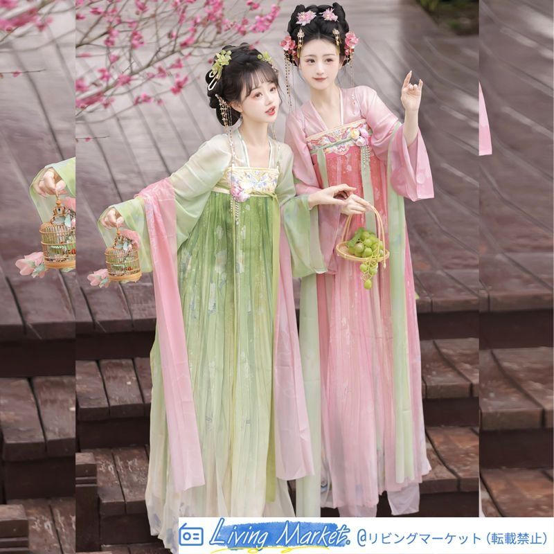 [翡翠の海棠] 唐制漢服 刺繍入り 対襟トップス＋齊胸スカート 日常使いに最適 春夏コレクション グラデーション染め 披帛付き エレガントで上品なデザイン CS626P312
