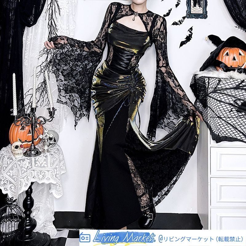ダーク系 ハロウィン衣装 蝙蝠袖ケープ＆暗紋ゴールドプリントキャミドレス 2点セット 高級カスタムデザイン 撞色切替 ロングドレス セクシーでスタイリッシュ 舞台衣装 パーティー用 イベント用 気品溢れるおすすめ CS626P277