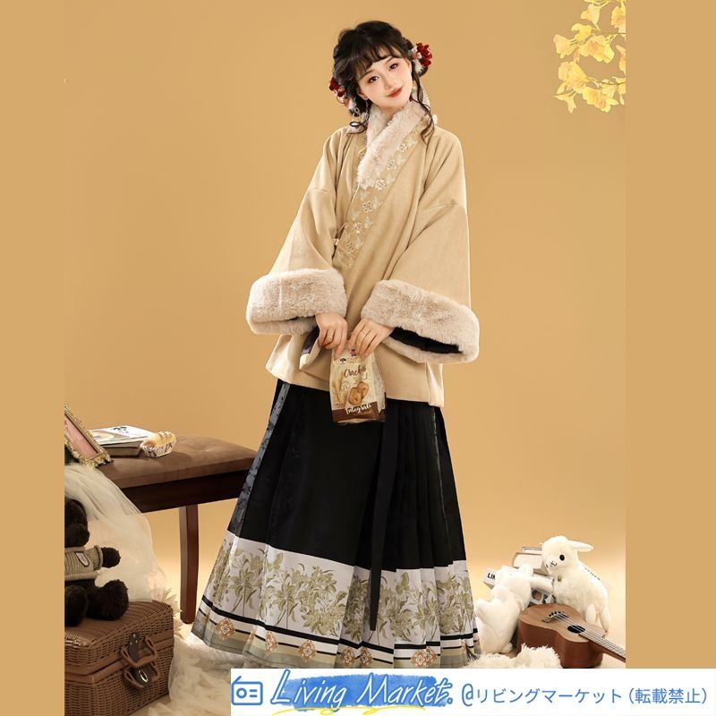 冬用 明制漢服 ショートジャケットセット 毛織り素材 保温 通勤＆日常コーデ レディース用 4色展開（レッド?ブルー?ベージュ?ブラック） CS626P300