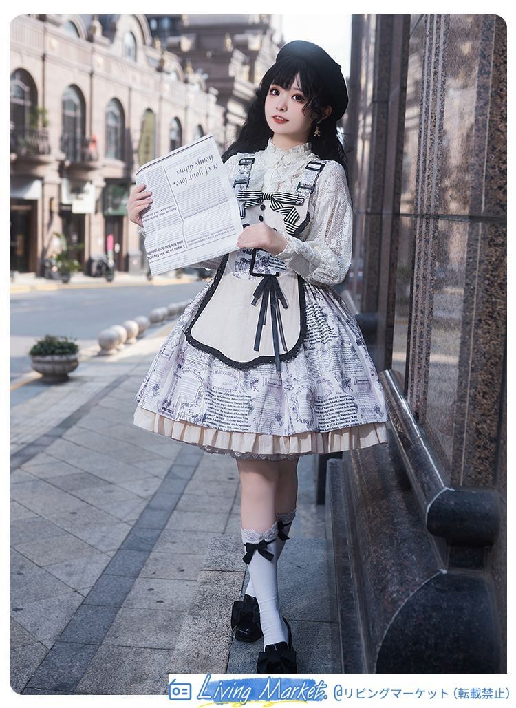 ヴィンテージ風 Lolita 可愛らしい復古ドール感 サスペンダードレス 取り外し可能なエプロン付き 四季通用 読書風プリント 背丈調節可能 背中デザイン おしゃれで実用的 CS626P298