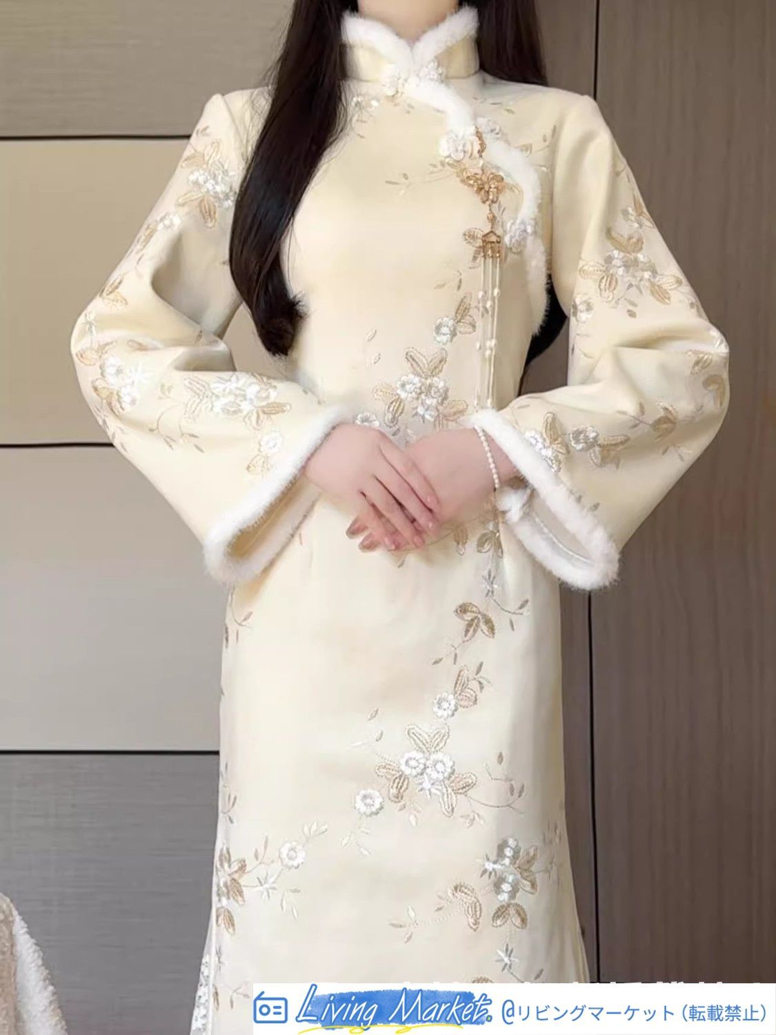 抹茶風 2024年冬新作 改良旗袍 刺繍 裏起毛 毛皮襟付き 長袖 ロングワンピース 新中式 高級感 優雅 冬の外出やプレゼントに最適 CS626P385