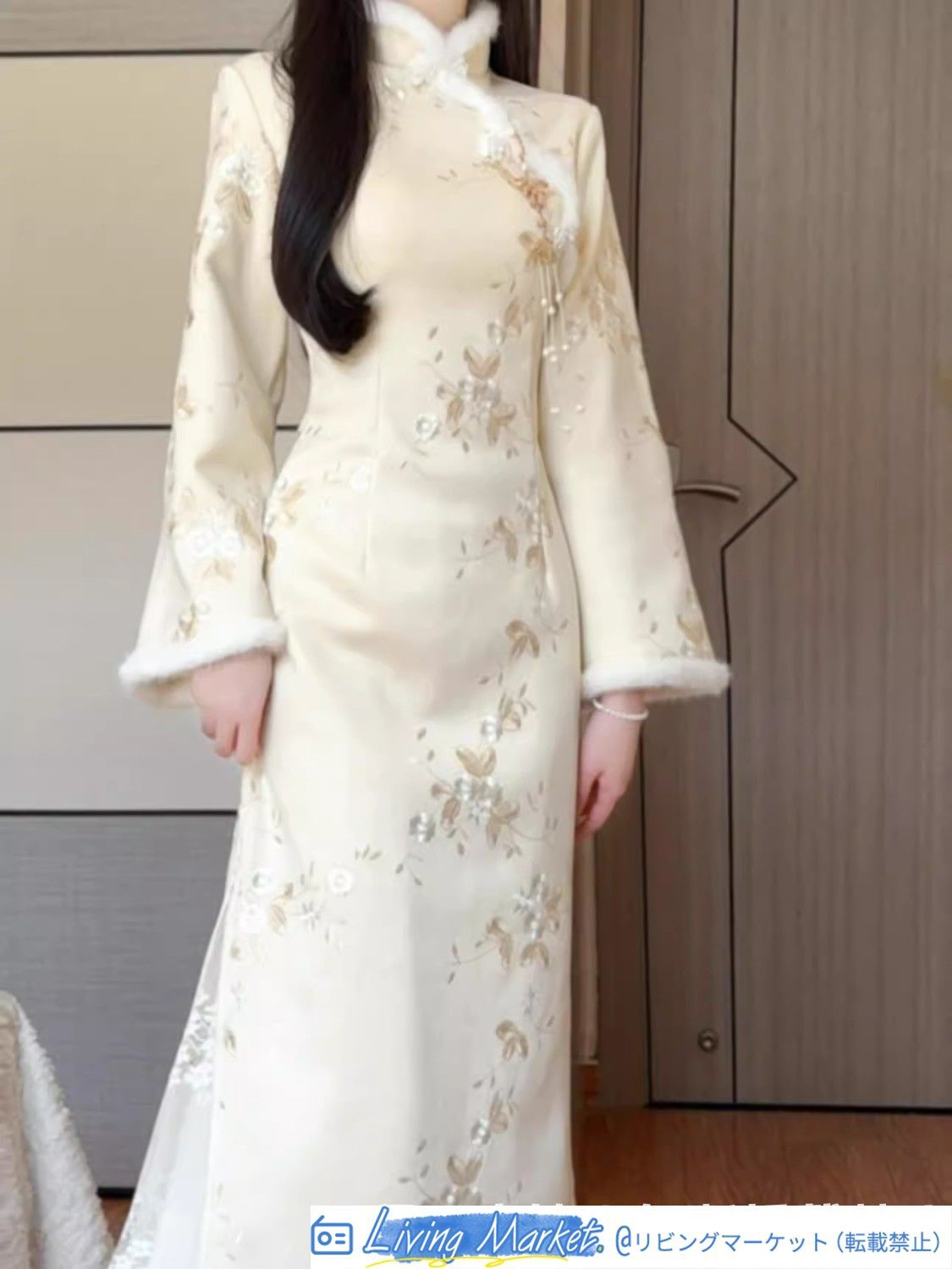 抹茶風 2024年冬新作 改良旗袍 刺繍 裏起毛 毛皮襟付き 長袖 ロングワンピース 新中式 高級感 優雅 冬の外出やプレゼントに最適 CS626P385