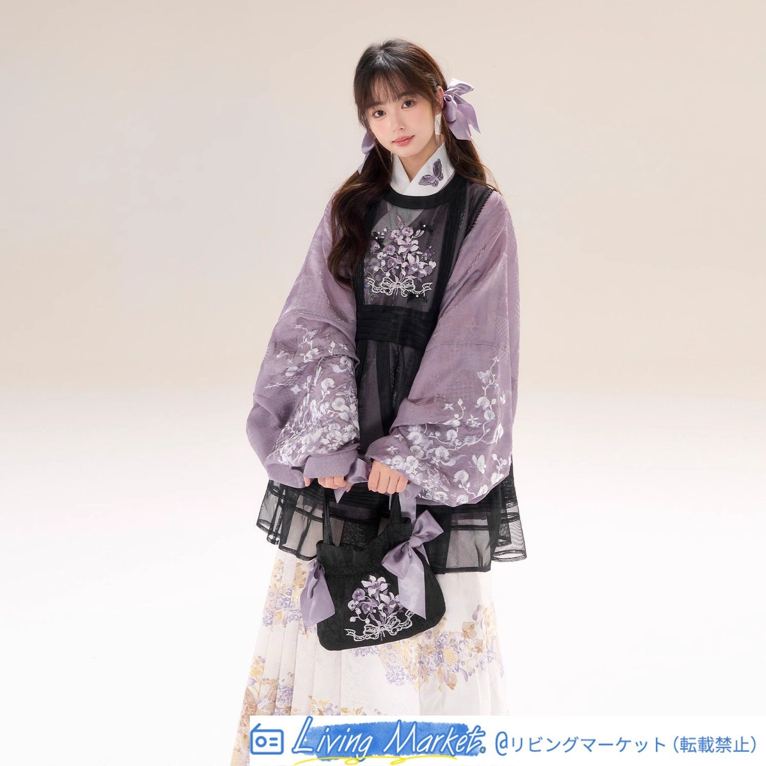 新中式「花霧」明制新漢服 3点セット (琵琶袖交領トップス＋白色馬面スカート＋黒色オーバースカート) 高級感漂う オリジナルデザイン コスプレ 衣装 舞台衣装 ドレス レディース 文化祭 イベント ダンス ハロウィン コスチューム CS626P162