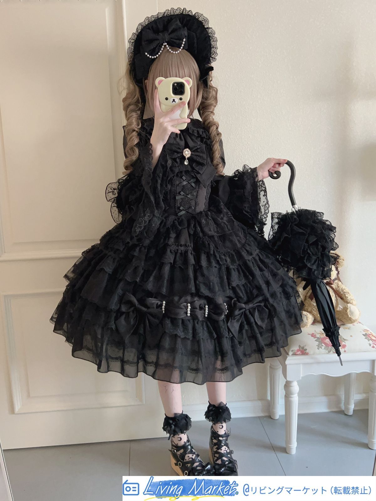 冬用 ロリータドレス JSK吊りスカート 多層レース＆リボン装飾 ドール風 甘ロリ 豪華デザイン 撮影会?推し活?イベント用 プレゼントにも最適 ブラック CS626P342