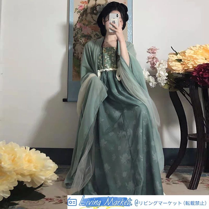 [竹蘭] 唐制漢服 一片式デザイン 大袖トップス＋ハイウエストスカート 披帛付き 夏用 涼しげでエレガントなデザイン レディース用 特別な日や撮影会に最適 CS626P327