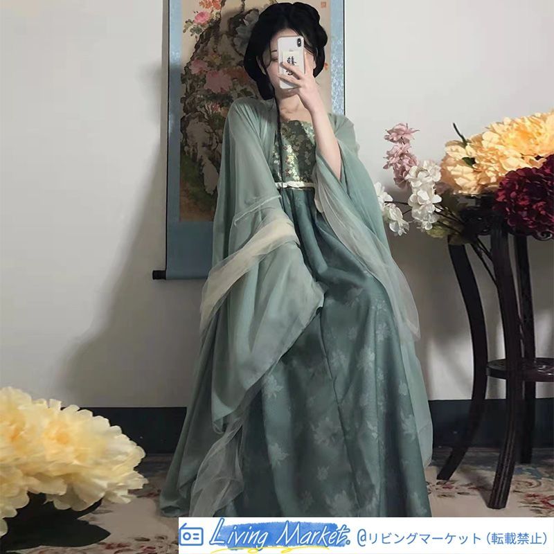 [竹蘭] 唐制漢服 一片式デザイン 大袖トップス＋ハイウエストスカート 披帛付き 夏用 涼しげでエレガントなデザイン レディース用 特別な日や撮影会に最適 CS626P327