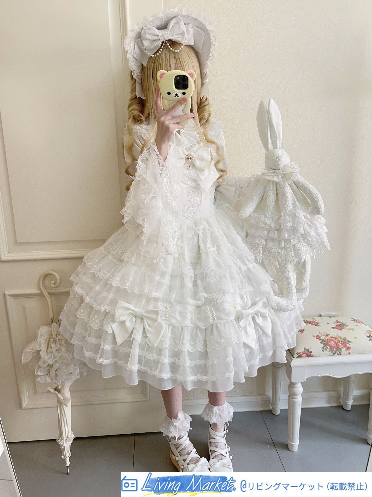 冬用 ロリータドレス JSK吊りスカート 多層レース＆リボン装飾 ドール風 甘ロリ 豪華デザイン 撮影会?推し活?イベント用 プレゼントにも最適 ホワイト CS626P348