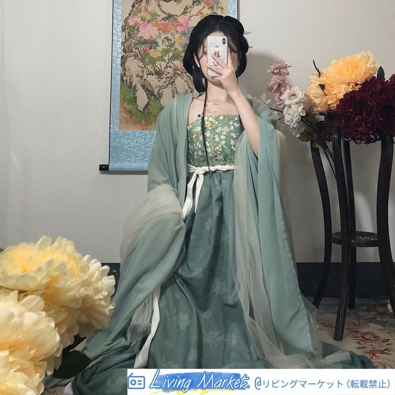 [竹蘭] 唐制漢服 一片式デザイン 大袖トップス＋ハイウエストスカート 披帛付き 夏用 涼しげでエレガントなデザイン レディース用 特別な日や撮影会に最適 CS626P327