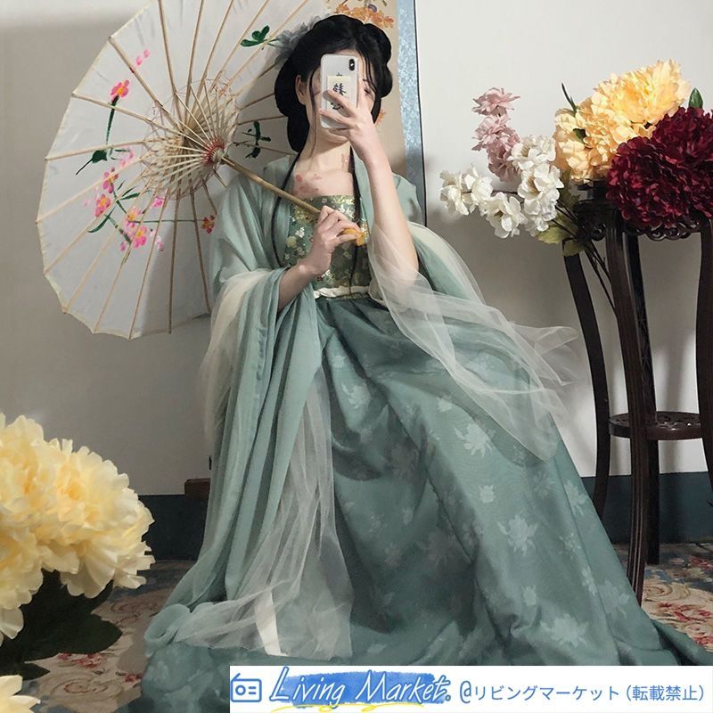[竹蘭] 唐制漢服 一片式デザイン 大袖トップス＋ハイウエストスカート 披帛付き 夏用 涼しげでエレガントなデザイン レディース用 特別な日や撮影会に最適 CS626P327