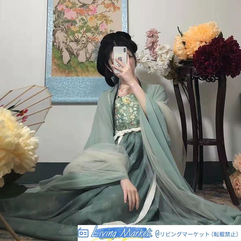 [竹蘭] 唐制漢服 一片式デザイン 大袖トップス＋ハイウエストスカート 披帛付き 夏用 涼しげでエレガントなデザイン レディース用 特別な日や撮影会に最適 CS626P327