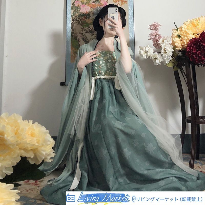 [竹蘭] 唐制漢服 一片式デザイン 大袖トップス＋ハイウエストスカート 披帛付き 夏用 涼しげでエレガントなデザイン レディース用 特別な日や撮影会に最適 CS626P327