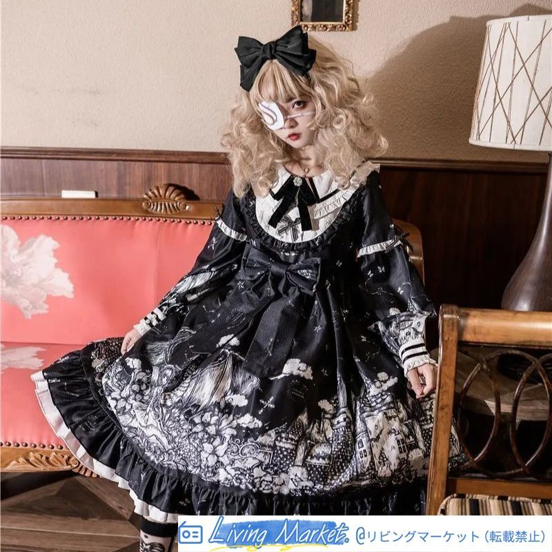 ゴシック調デザイン 古城の夜 長袖オリジナル ロリータワンピース OPドレス フリル付き プレミアムエディション S～Lサイズ ブラック 暗黒系 高品質 コスプレ 衣装 イベント 撮影用 CS626P183