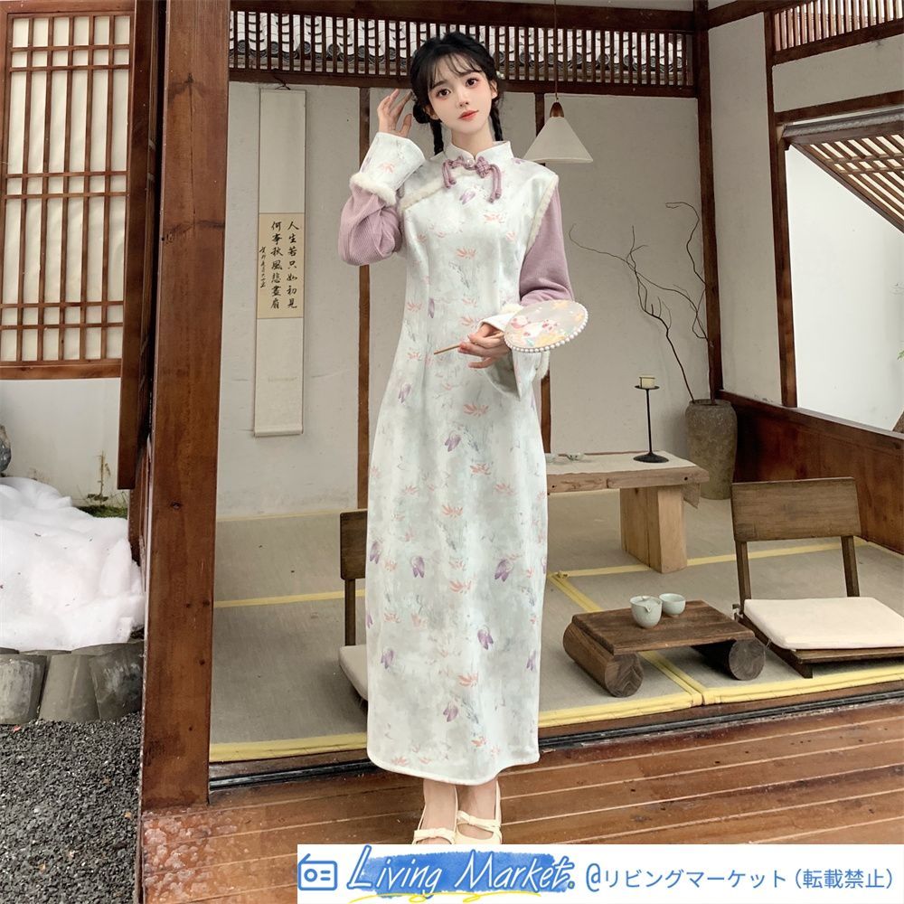 2024年秋冬新作 新中式国風 花朝如約 気質旗袍連衣裙 2色展開 印花デザイン S～2XLサイズ対応 エレガントなレトロスタイル 女性向け CS626P387