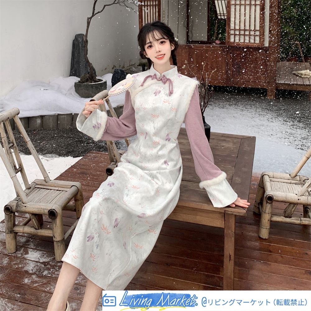 2024年秋冬新作 新中式国風 花朝如約 気質旗袍連衣裙 2色展開 印花デザイン S～2XLサイズ対応 エレガントなレトロスタイル 女性向け CS626P387