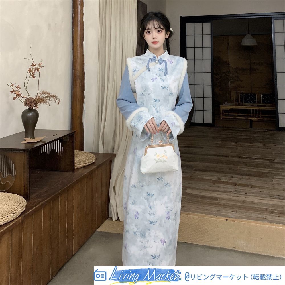 2024年秋冬新作 新中式国風 花朝如約 気質旗袍連衣裙 2色展開 印花デザイン S～2XLサイズ対応 エレガントなレトロスタイル 女性向け CS626P387