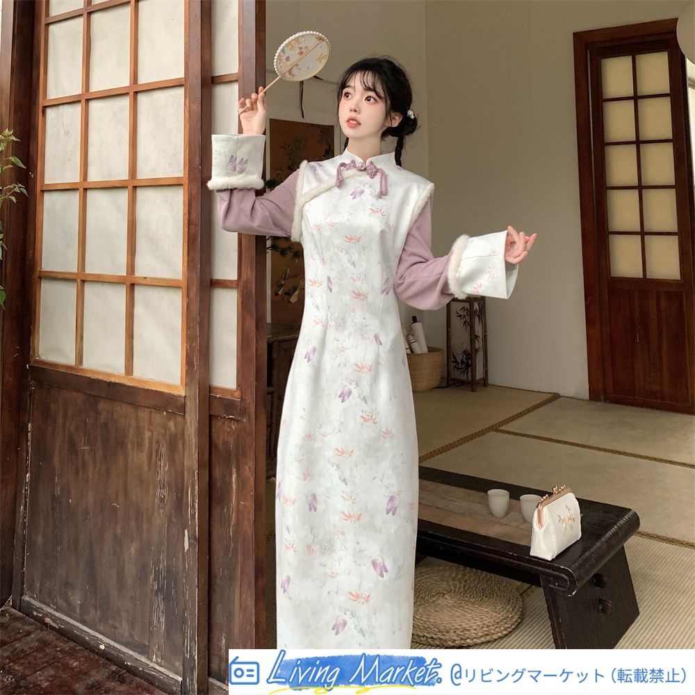 2024年秋冬新作 新中式国風 花朝如約 気質旗袍連衣裙 2色展開 印花デザイン S～2XLサイズ対応 エレガントなレトロスタイル 女性向け CS626P387