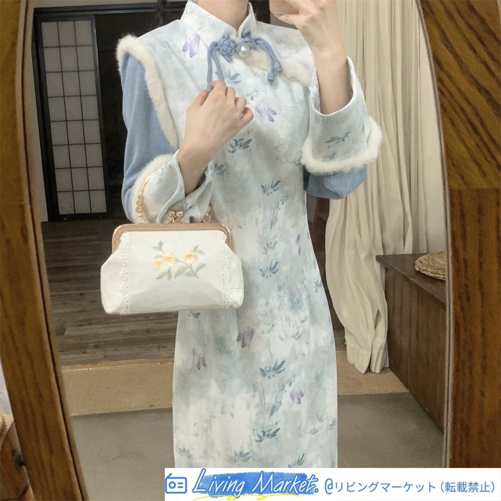 2024年秋冬新作 新中式国風 花朝如約 気質旗袍連衣裙 2色展開 印花デザイン S～2XLサイズ対応 エレガントなレトロスタイル 女性向け CS626P387