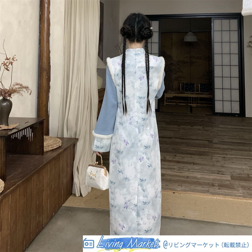 2024年秋冬新作 新中式国風 花朝如約 気質旗袍連衣裙 2色展開 印花デザイン S～2XLサイズ対応 エレガントなレトロスタイル 女性向け CS626P387