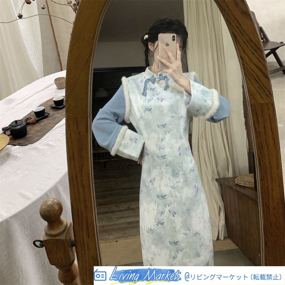 2024年秋冬新作 新中式国風 花朝如約 気質旗袍連衣裙 2色展開 印花デザイン S～2XLサイズ対応 エレガントなレトロスタイル 女性向け CS626P387