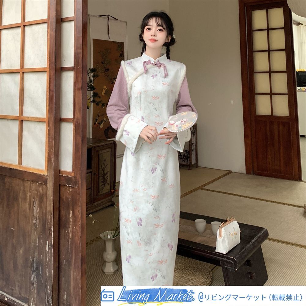 2024年秋冬新作 新中式国風 花朝如約 気質旗袍連衣裙 2色展開 印花デザイン S～2XLサイズ対応 エレガントなレトロスタイル 女性向け CS626P387